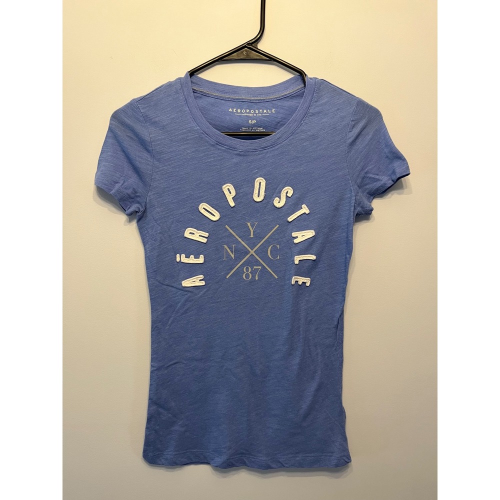 Y2K Vintage Aeropostale Womens Blue Slub Knit Graphic Tee NYC 87 T-Shirt Small